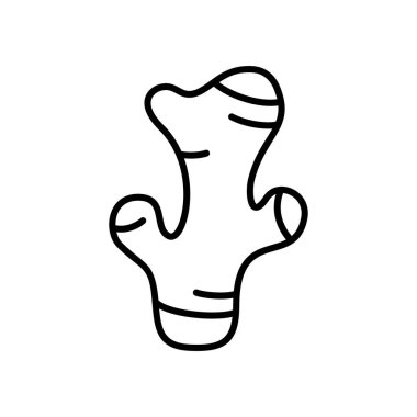 Zencefil kökü. Doğrusal sebze tüp ikonu. Pişirmek için taze malzemenin siyah çizimi, içmek için sağlıklı baharat. Contour vektörü, beyaz arka plan. Ambalaj suyu, özü, kozmetik ürünleri amblemi