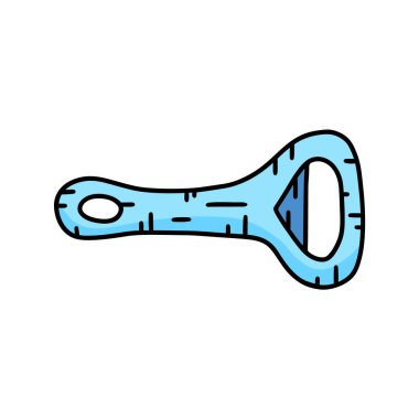 Bira için şişe açacağı, kapaklı bardakta içki. Elle çizilmiş metal aletin karikatür simgesi. Mutfak aletlerinin renkleri, bar ve bar hizmetlerine ek olarak. İzole vektör