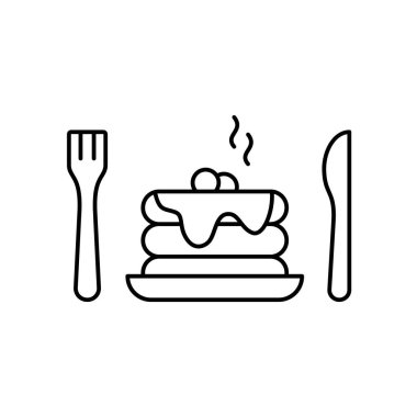 Şerbetli krep, böğürtlen, çatal, bıçak. Klasik Amerikan kahvaltısının doğrusal simgesi. Bir yığın kabarık krep ve sos veya bal. Siyah basit bir illüstrasyon. İçerik izole vektörü, beyaz arkaplan