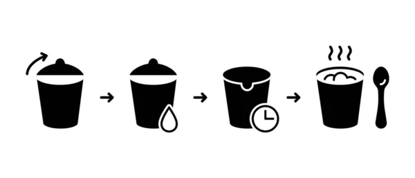 Silhouette steps for brewing noodles in plastic packaging. Instant food cup instruction. Cooking soup, porridge, mashed potatoes. Black outline isolated icon. Flat vector illustration — Stock Illustration Silhouette Steps Brewing Noodles Plastic Packaging Instant Food Cup Instruction Royalty Free Stock Vectors