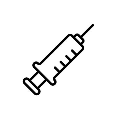 İğne ve ölçekli tıbbi şırınga. İğnenin doğrusal simgesi. Siyah basit delinme, tedavi, sıvı ilaç ve solüsyon örnekleri. Beyaz arkaplanda izole edilmiş vektör amblemini birleştir