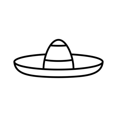 Sombrero ikonu. Geleneksel Meksika şapkasının doğrusal logosu. Geniş kenarlı keçeli ya da saman aksesuarının siyah çizimi. Beyaz arkaplanda izole edilmiş vektör amblemini birleştir