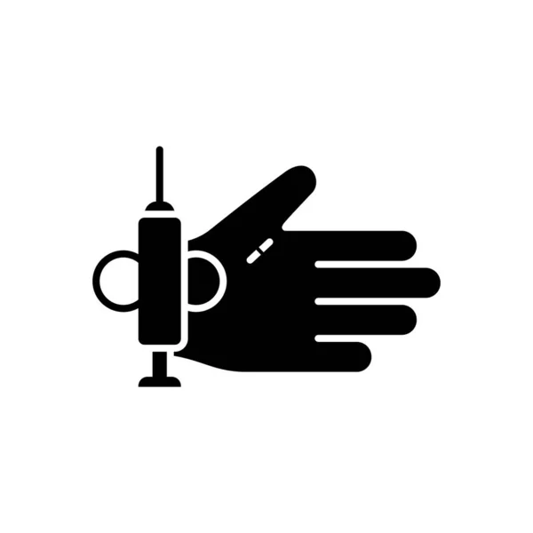 人々のカットアウトシルエットは アイコンをマイクロチッピング 概要手 注射器 チップインプラントの黒いロゴ 皮膚のイラストの下にマイクロチップと人間の手のひら 白い背景のフラット分離ベクトルピクトグラム — ストックベクタ