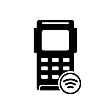 Silhouette Pos terminali ve maaş kartı. Kartla veya dijital cihazla yapılan bağlantısız alım. Dokunmatik ödemeli kredi kartı makinesinin çizimi, NFC. Beyaz arkaplanda düz izole vektör simgesi