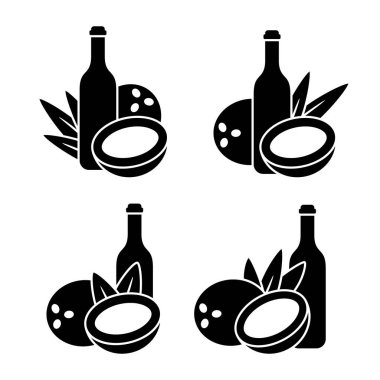 Silhouette icon set of coconut water, milk or butter. Bottle, tropical fruit, leaves. Outline emblem of drink, massage oil packaging. Black and white body cosmetic illustration. Flat isolated vector vector Silhouette icon set of coconut water, milk or butter. Bottle, tropical fruit, leaves. Outline emblem of drink, massage oil packaging. Black and white body cosmetic illustration. Flat isolated vector vector