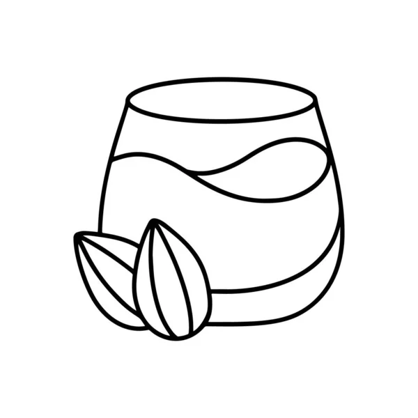 アーモンドミルクのドードルアイコン 線画の紋章 ビーガンナッツドリンクのガラス ナチュラル野菜カクテルのラベルデザインのための黒シンプルなイラスト 等高線分離ベクトル画像 — ストックベクタ
