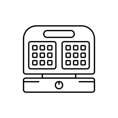 Açık kapaklı waffle makinesi. İki kare Viyana waffle 'ı yapmak için elektrik cihazının doğrusal simgesi. Mutfak aletlerinin siyah çizimi. Beyaz arkaplanda izole edilmiş vektör amblemini birleştir