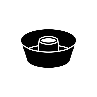 Angel Food Cake Pan 'in silueti. Havalı sünger keki için yuvarlak pişirme tabağının ana simgesi. Tatlı pişirmek için siyah bir kalıp çizimi. Mutfak eşyaları sembolü. Düz izole vektör, beyaz arkaplan