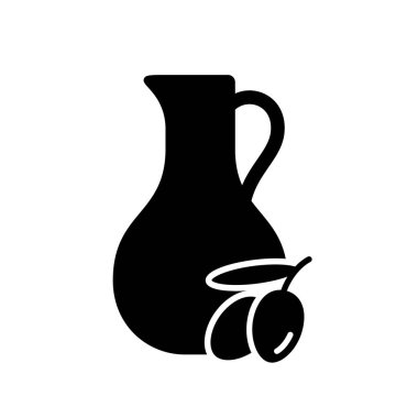 Zeytinyağı, siluet simgesi. Sürahi, iki çiğ zeytinli dal, yaprak. Ekstra bakir sebze yağı. Kozmetik için organik malzeme. Ambalaj tasarımı için siyah illüstrasyon, ekolojik ürün. Düz izole vektör