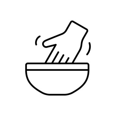 El ele tutuştuk. Yoğurt hamurunun doğrusal simgesi ya da elle doldurma. Yemek pişirme sürecinin siyah çizimi. İzole edilmiş vektör piktogramını ekle, beyaz arkaplan