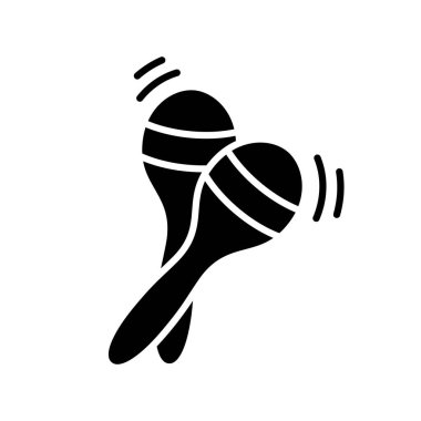 Maracas kes siluet simgesi. Geleneksel Meksika müzik enstrümanının logosu. Bir çift titrek çıngıraklı yılanın siyah çizimi. Beyaz arkaplanda düz izole vektör amblemi