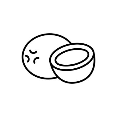 Hindistan cevizi logosu. Tropikal meyvelerin doğrusal simgesi. Siyah, egzotik yiyeceklerin basit bir gösterimi. Beyaz arkaplanda izole edilmiş vektör piktogramını ekle