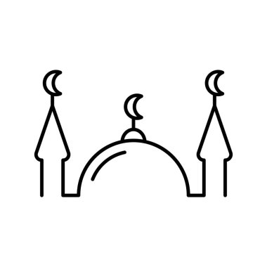 Müslüman camisi. Doğrusal dini simge. İslamın basit siyah çizimi, iki minareli dua evi. Beyaz arkaplanda izole edilmiş vektör amblemini birleştir