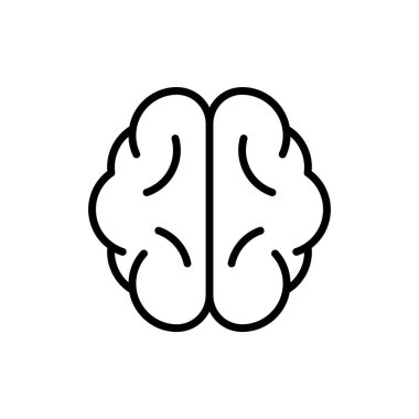 Beyin ikonu. Kavrama sembolü. Doğrusal simetrik insan organı. Çizgi film çizimi. Zihnin, aklın, bilginin, eğitimin, çözümün siyah bir örneği. İçerik izole vektörü, beyaz arkaplan