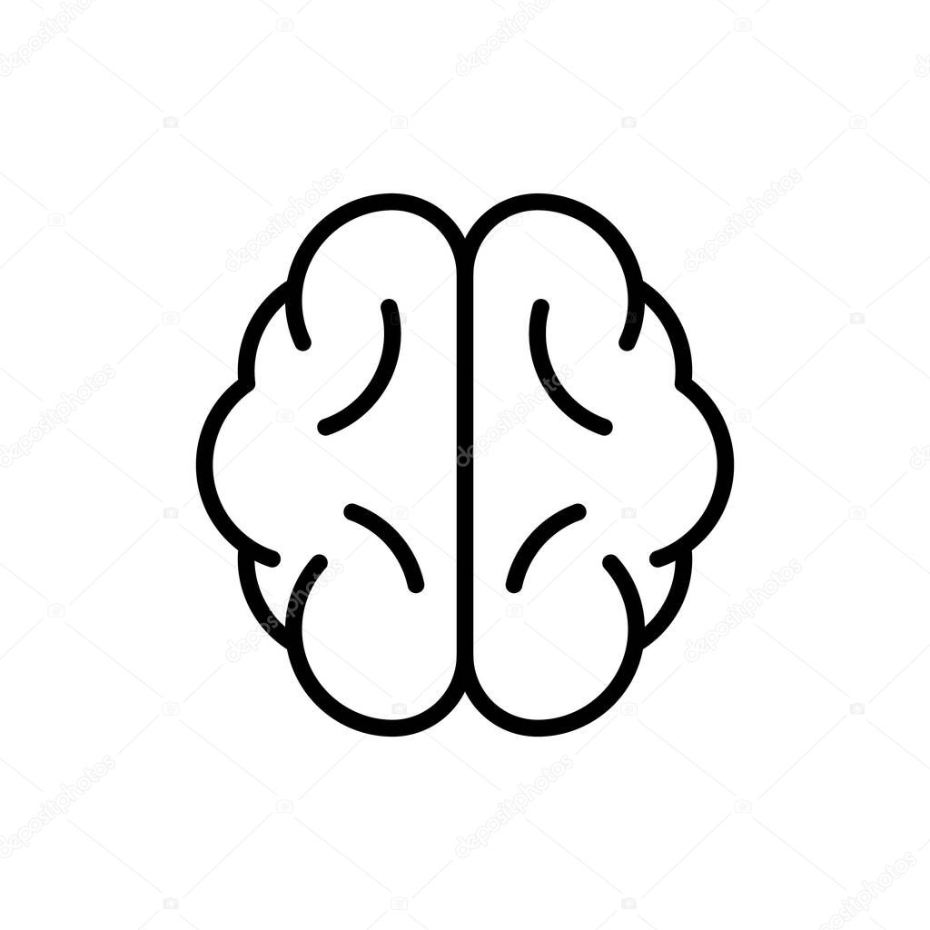 Brain icon. Comprehension symbol. Linear symmetrical human organ. Cartoon pictogram. Black illustration of mind, intellect, knowledge, education, solution. Contour isolated vector, white background