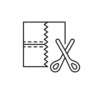 Yama ve makas. Farklı dikişlerle dikilmiş kumaş kanatları. Dikiş dikmenin, yorgan dikmenin siyah çizgisel çizimi. İzole edilmiş vektör simgesini ekle, beyaz arkaplan