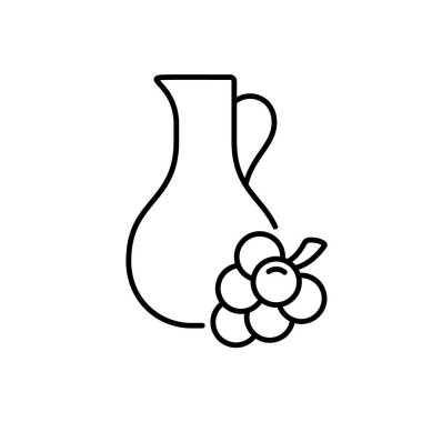 Üzüm tohumu yağı. Üzümlü sürahinin doğrusal simgesi. Kozmetik için organik malzeme. Sağlıklı sebze yağı. Ambalaj tasarımı için siyah illüstrasyon, ekolojik ürün. İzole edilmiş vektörü ekle