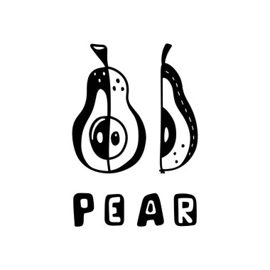 Tam armut ve harf. Serbest stil, siyah damga, baskı, poster. Karalama elle çizilmiş bahçe meyvelerinin tasviri. Çevre tarımı için stilize görüntü. İzole vektör, beyaz arkaplan