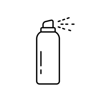 Aerosol sprey kutusu. Deodorant, boya, oda spreyi, temizleyici, mobilya cilası, itici. Gaz spreyinin siyah çizimi, alüminyum şişede dezenfektan. İzole vektör işaretini ekle
