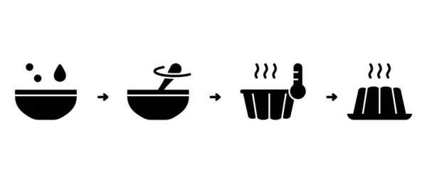 将布丁或自制的松饼放入软糖烤盘中烹调 逐步添加牛奶 剪影图标 烘烤过程 黑色扁平矢量 — 图库矢量图片