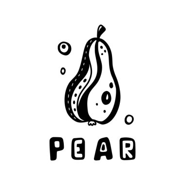 Harflerle stilize edilmiş armut. Kart, etiket, kıyafet için siyah baskı çizimi. Karalama el çizimi tatlı meyvenin ana hatlarını çizdi. İzole vektör posteri, beyaz arkaplan