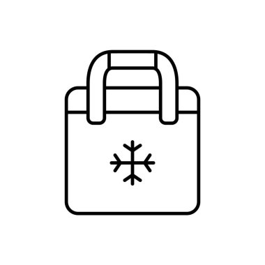 Çantalı buzdolabı. Piknik çantasının sanat simgesi. Plastik ya da kar taneli tekstil termokutusunun siyah çizimi. Beyaz arkaplanda izole edilmiş vektör piktogramını ekle