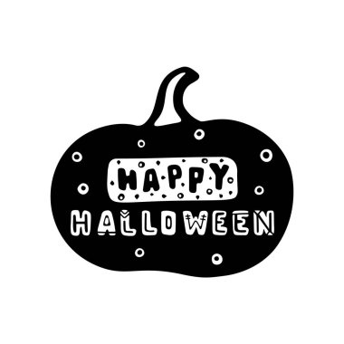 İçinde Cadılar Bayramı mesajı olan siyah balkabağı. Etiket, etiket, bayram kartpostalı, tebrik kartı, baskı için karalama el çizimi. Düz izole vektör, beyaz arkaplan. Çizgi film resmi