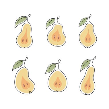 Armut simgeleri ayarlandı, sürekli bir çizgi. Yeşil yapraklı sarı meyve kesiminin stilize edilmiş el çizimi. Renkli karalama logosu. İzole edilmiş vektör, beyaz arkaplan. İnce doğrusal çizim