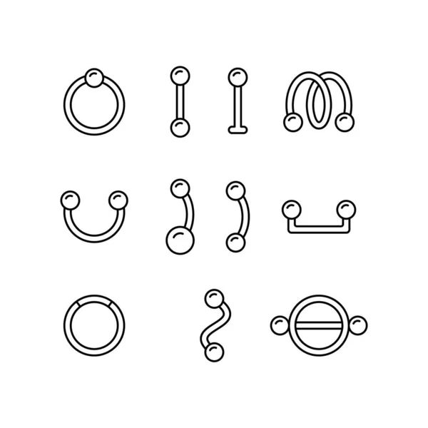 Piercing Set Different Earring Linear Icon Barbell Ring Surface Bar — Stock Vector