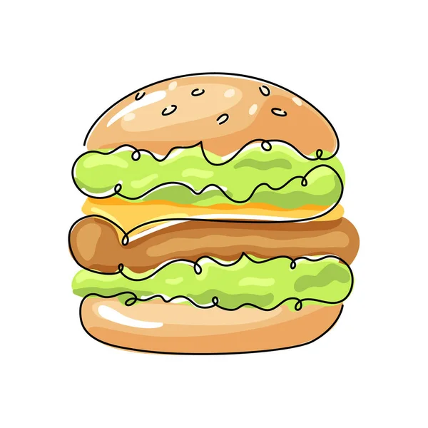 Burger Color Drawing Black One Continuous Line Sketch Icon Savory — Stock Vector