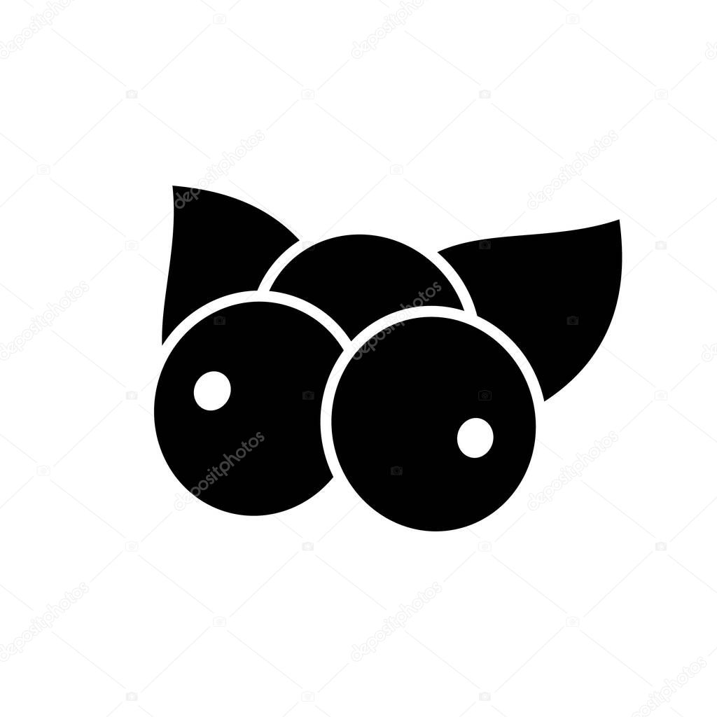Acai berries, silhouette icon. Outline logo of healthy super food. Black simple illustration of three blueberries with two leaves. Flat isolated vector pictogram on white background