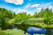 Картина, постер, плакат, фотообои "blue and cloudy sky over a little creek in the surrounding countryside of berlin, germany.", артикул 385940408