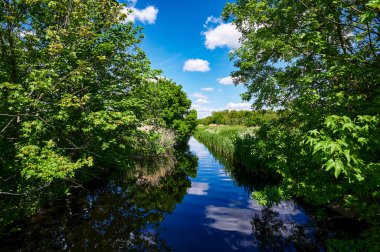 Berlin, Almanya 'nın çevresindeki küçük bir derenin üzerinde mavi ve bulutlu bir gökyüzü.
