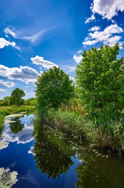 Berlin, Almanya 'nın çevresindeki küçük bir derenin üzerinde mavi ve bulutlu bir gökyüzü.