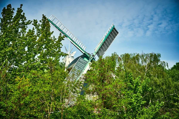 Molino Viento Histórico Restaurado Berlín Alemania Entre Árboles Primavera —  Fotos de Stock