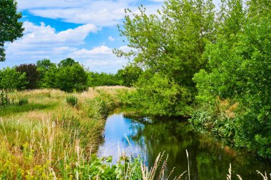 Berlin, Almanya 'nın çevresindeki küçük bir derenin üzerinde bulutlu bir gökyüzü.