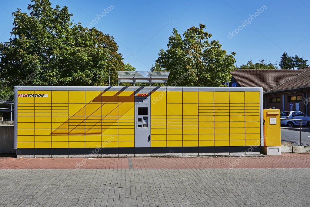 Berlin, Germany - September 17, 2020: DHL lockers for parcels that the recipient can pick up there.