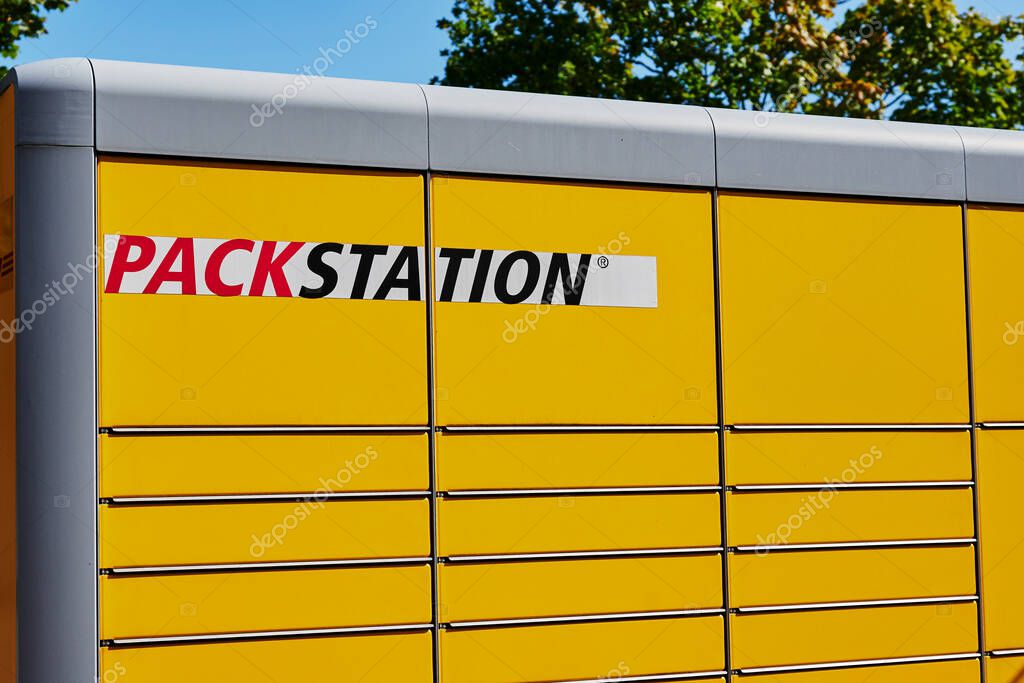 Berlin, Germany - September 17, 2020: DHL lockers for parcels that the recipient can pick up there.