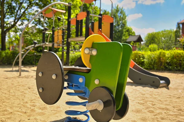 Children Playground Swing Toy Foreground Climbing Frame Slide Background — Stock Photo, Image
