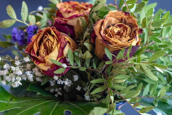 Close-up of a bouquet of dried roses and various complementary plants.