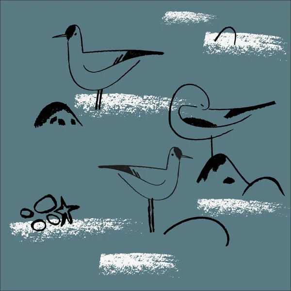 鳥とのシームレスな手描きパターン. — ストックベクタ