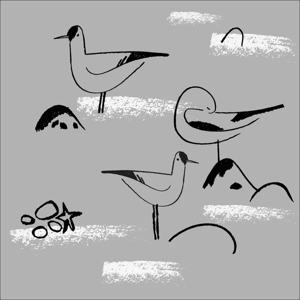 Płynny ręcznie rysowany wzór z ptakami. — Wektor stockowy