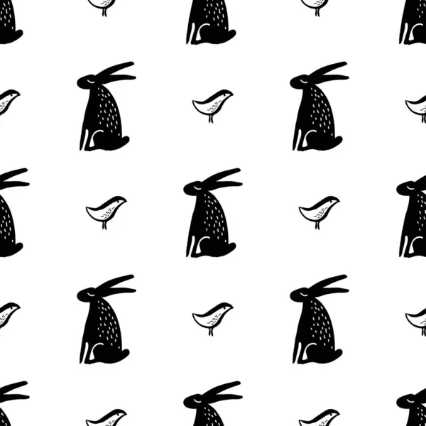 Seamless hand drawn pattern with rabbits. — Stock Vector