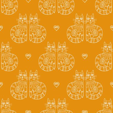 Kedilerle kusursuz el çizimi desen.