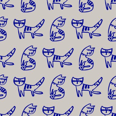 Kedilerle kusursuz el çizimi desen.