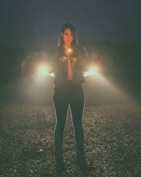 Young Woman Who Lights Fireworks Home — Stock Photo, Image