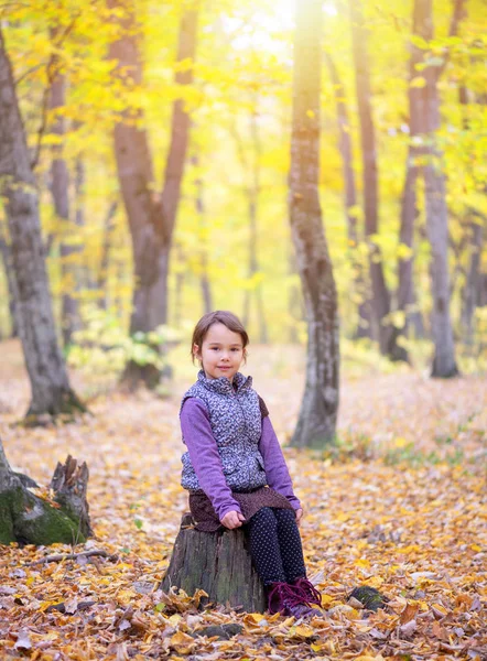 Schönes Kleines Mädchen Steht Lächelnd Auf Einem Baumstamm — Stockfoto