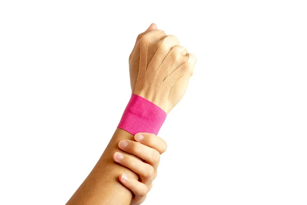 Vrouwelijke Hand Met Physio Tape Witte Achtergrond — Stockfoto