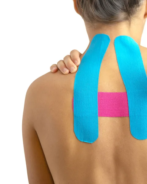 Weiblicher Rücken Mit Physiotape Auf Weißem Hintergrund — Stockfoto