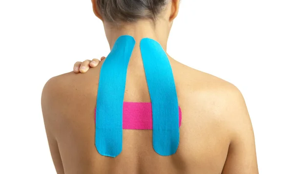 Weiblicher Rücken Mit Physiotape Auf Weißem Hintergrund — Stockfoto